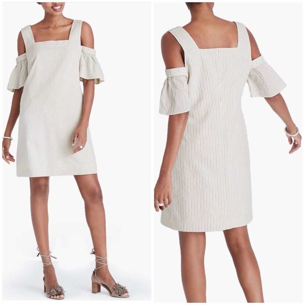 Madewell Stripe Shift Dress Cold Shoulder Square Neck Size 12 Casual Lined